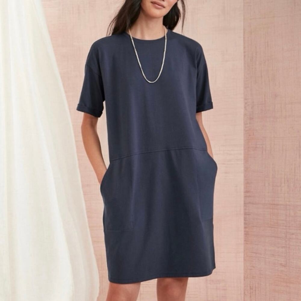 Eileen Fisher Midnight Blue Jersey Round Neck Cotton Tunic Oversized Shirt Dress